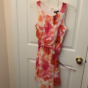 R&K pink, orange, white watercolor sleeveless dress with pink belt. Size 8P.